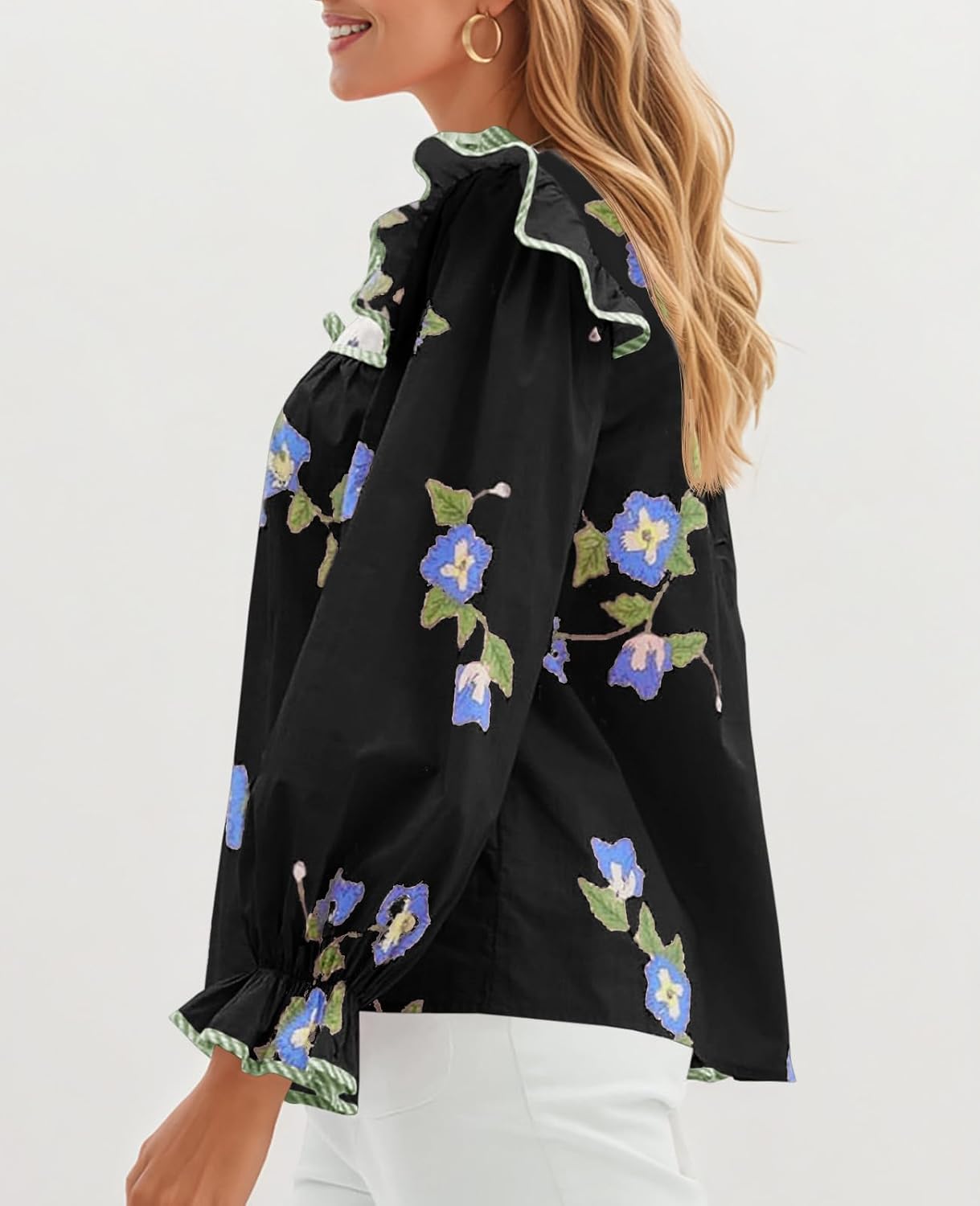 Tankaneo Womens Floral Print Babydoll Tops Casual Boho Blouse V Neck Ruffle Puff Sleeve Cute Shirts - Image 3