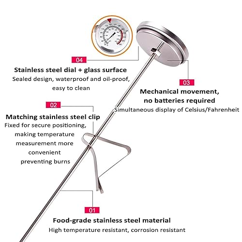 Miniatura 3 de Mechanical Oil Temperature Gauge,19.6" Long Stem Deep Fry Thermometer with Pot Clip, Instant Read, 2.08" Dial Meat, 50-554 Range, for Deep Fry,
