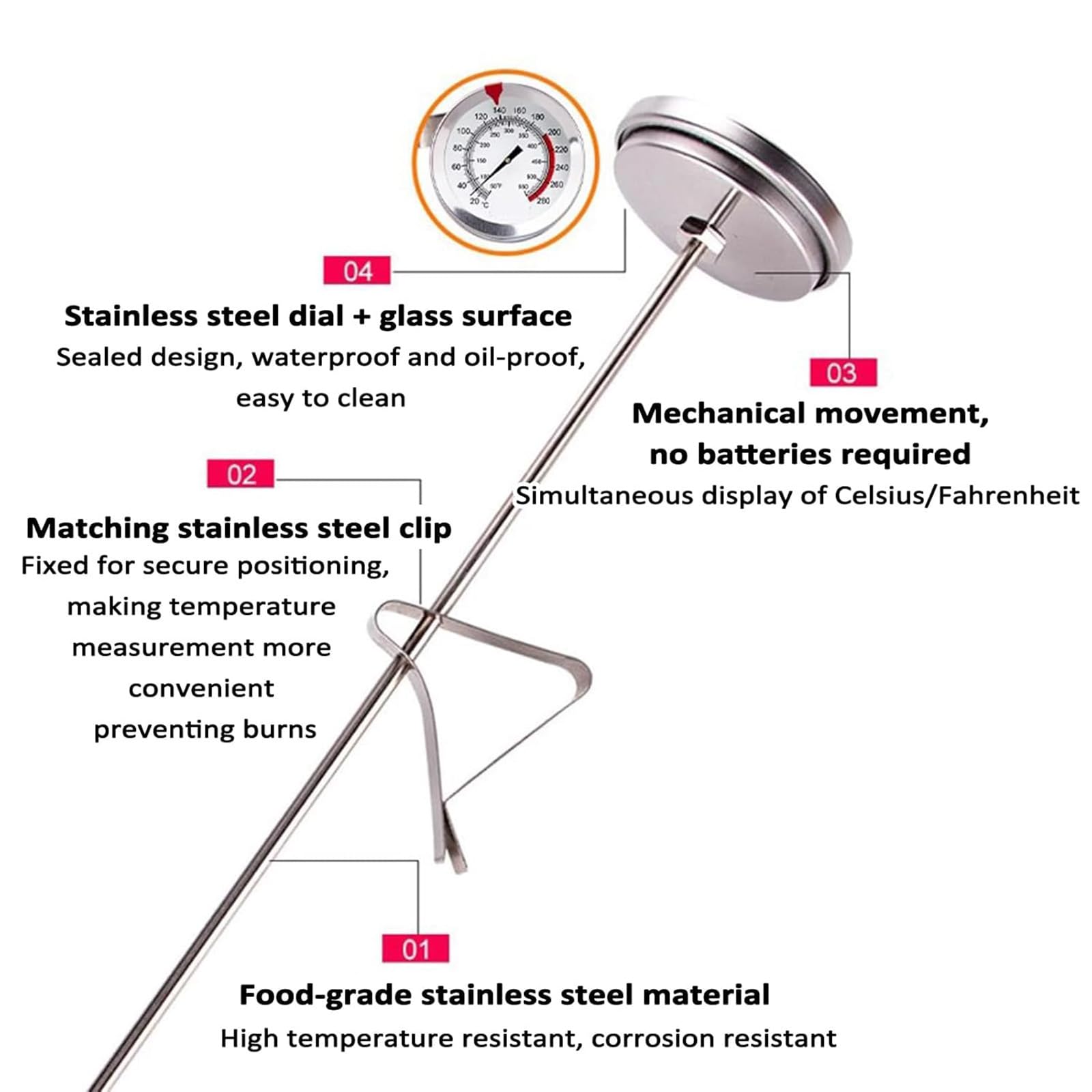Indicatore Meccanico Della Temperatura Dell'olio, Termometro Per Frittura a Gambo Lungo Da 19,6" Con Clip Per Pentola, Lettura Istantanea, Quadrante Da 2,08" Per Carne, Intervallo 50-554 ℉, Per Frittu