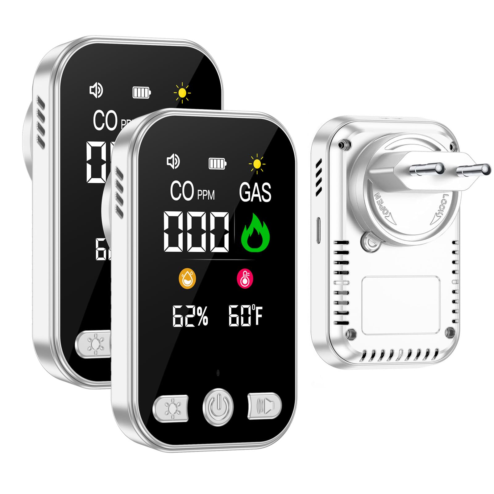 Wolf Guard 4 in 1 Rilevatore di Gas e Monossido di Carbonio con Spina per Casa, Rivelatore di Gas Combustibile per Gas Naturale LPG Metano Propano Butano, con Batteria, HD12-CG (Bianco 2 pezzi)