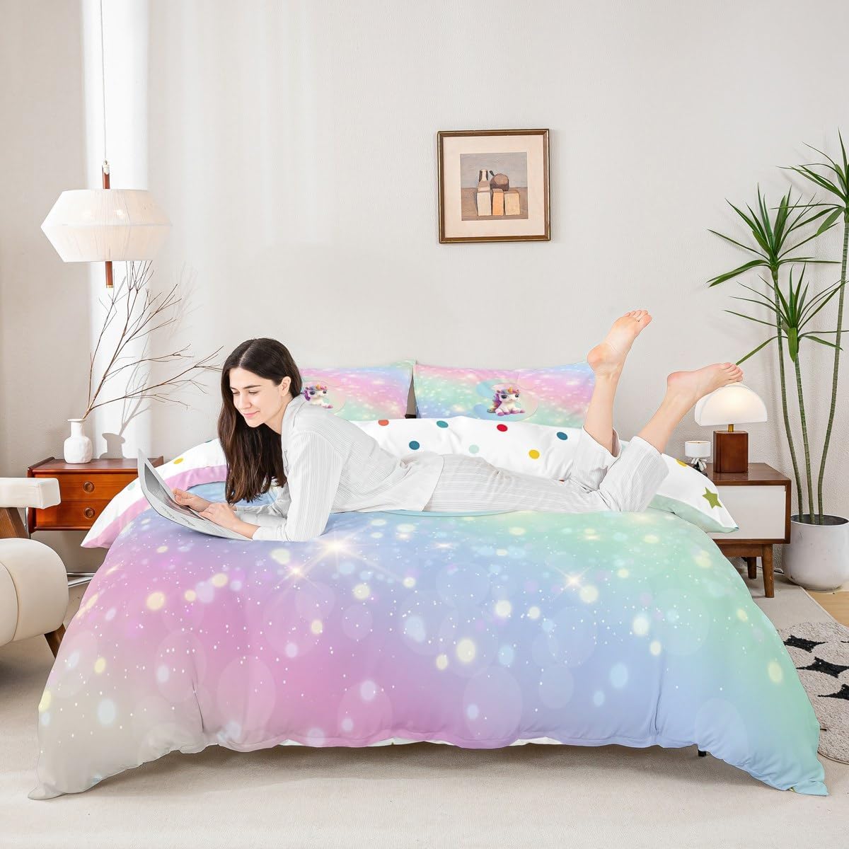 Unicorn Girls Duvet Cover Toddler For Kids Rainbow Pink Unicorn Bedding Set, Galaxy Stars Gradient Glitter Comforter Cover For Princess Style Room Decor Kawaii Cute Alphabet S Bed Set, Lightweight
