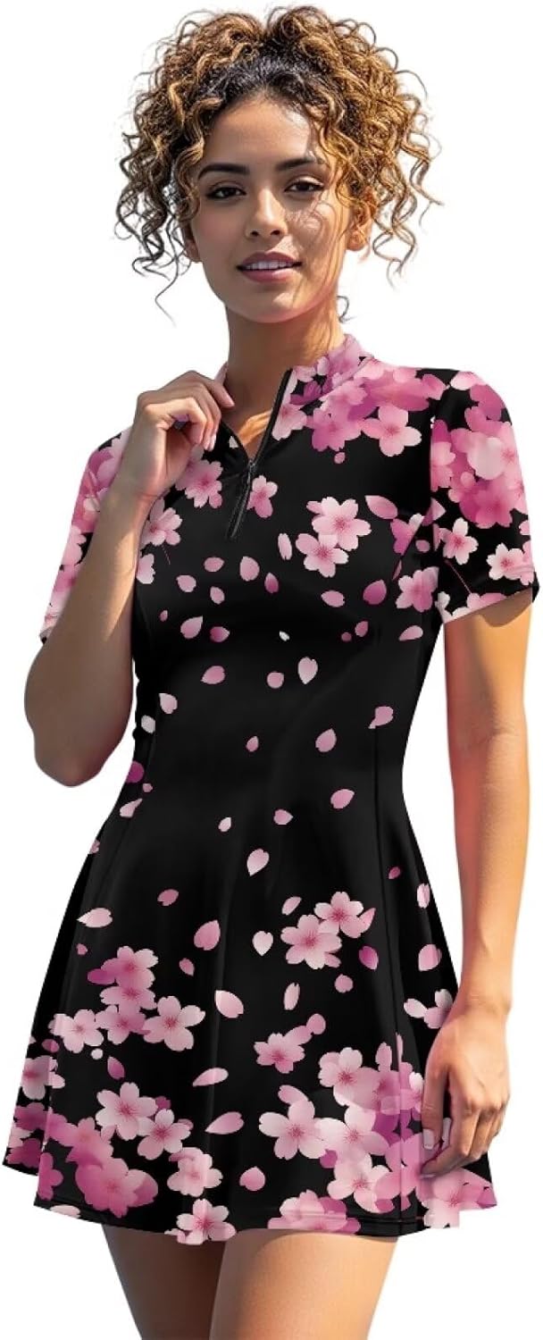 Tennis Dress for Women Athletic Golf Dresses with Shorts Short Sleeves 1/4 Zip Workout Dress