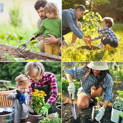 5 Pcs Gardening Tools Set with Heavy Duty Cast-Aluminium Heads and Non-Slip Rubber Grip, Including Transplanting Spade, Trowel, Cultivator, Pruner and Gardening Gloves, Great Gift for Woman