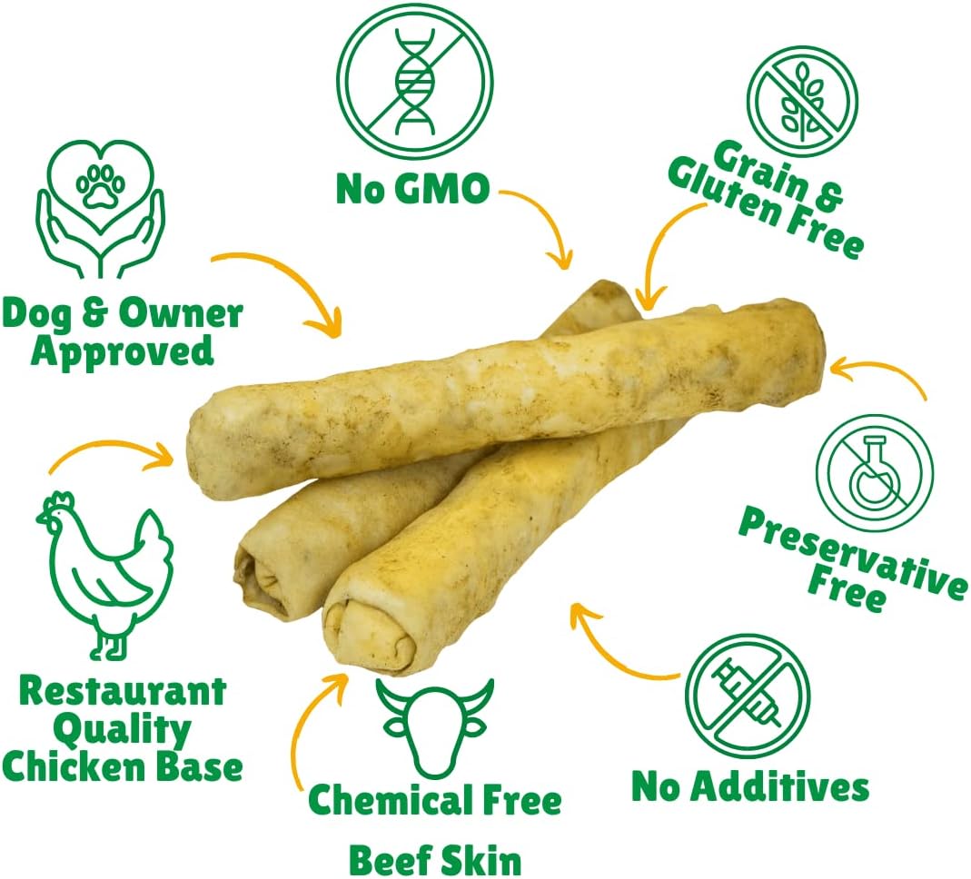 Lucky Premium Treats Chicken Basted Rawhide Bull Sticks – All Natural Rawhide and Chicken Dog Treats, Gluten Free Premium Large Dog Treats (11 Chews)