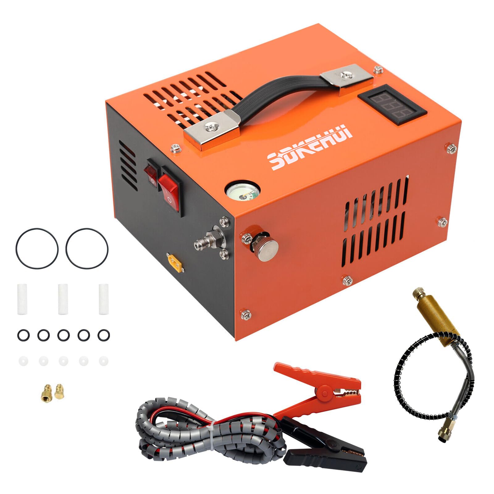 300Bar 4500PSI PCP Air Compressor, Oil-Free, Manual-Stop Electric Air Compressor for Paintball Diving Tank Air Rifles Pistol Filling, Powered by Home 220V AC or Car 12V DC