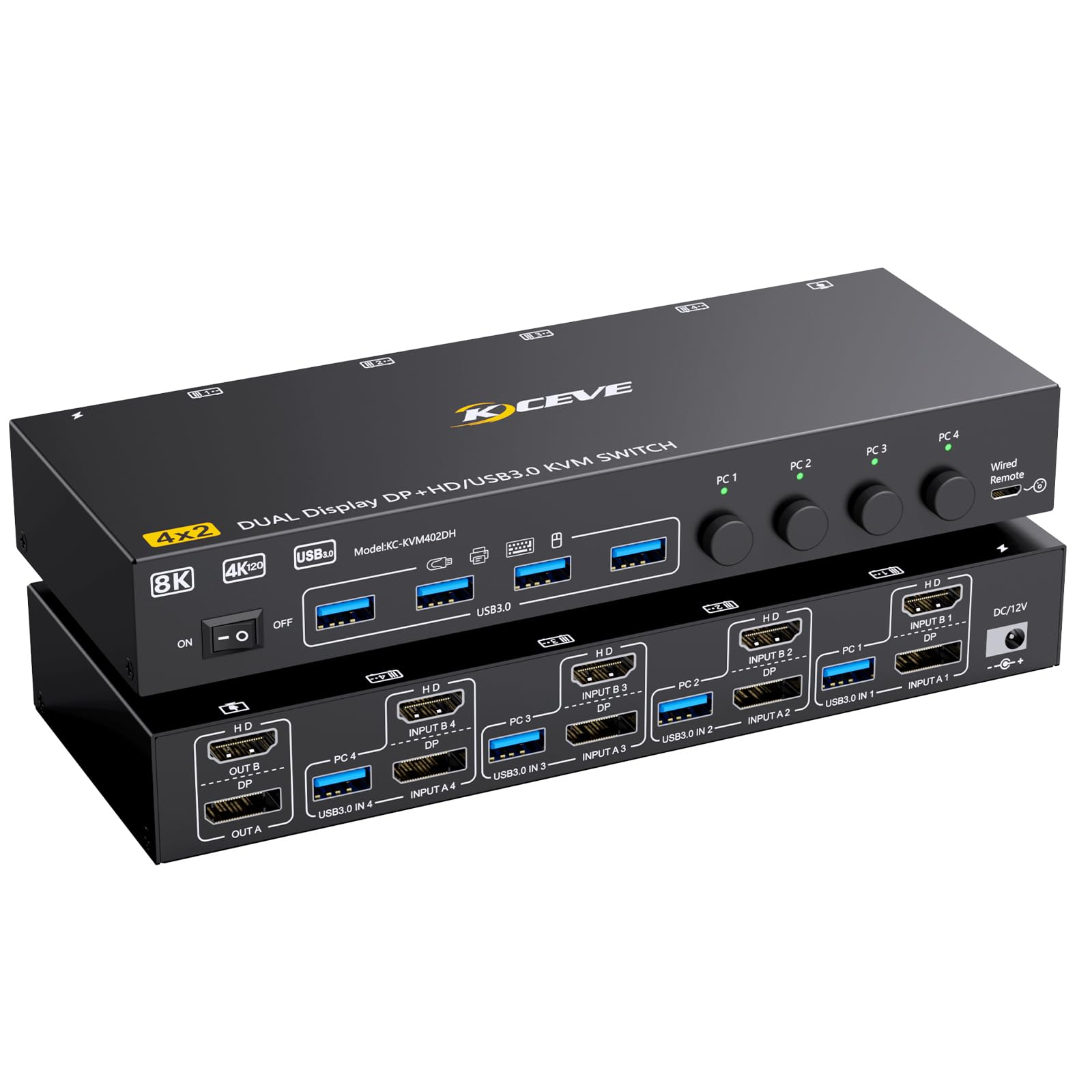 KVM Switch 4 PC 2 Monitores DisplayPort HDMI, USB 3.0 Switch KVM 4 PC 2 Monitores 8K@60Hz 4K@144Hz Comparten Ratón Teclado, Wired Remote(8K DP HD 4 in 2 out)