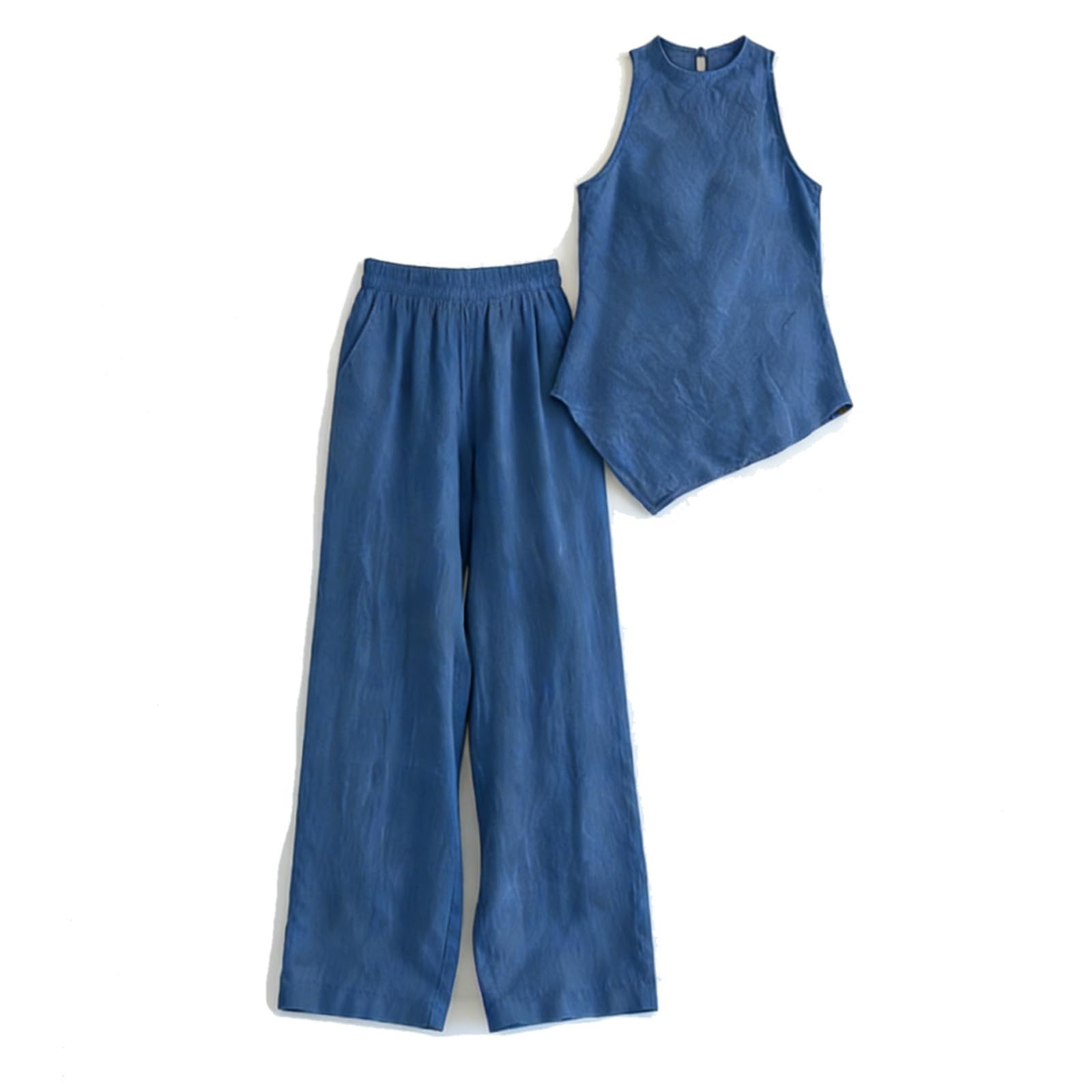 Ensemble Femme Chic Et Elegant Soiree Pantalon Haut Fluide Printemps Décontracté Combinaison Tailleur Survetement Loungewear décontractée sans manches à col rond poches pull confortable léger