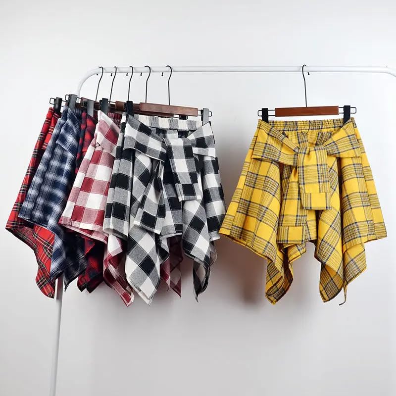 Women's Y2K Elastic Waisted Plaid Skirt Knot Front Irregularly Hem Mini Skirt Pleated Skater Skirt2
