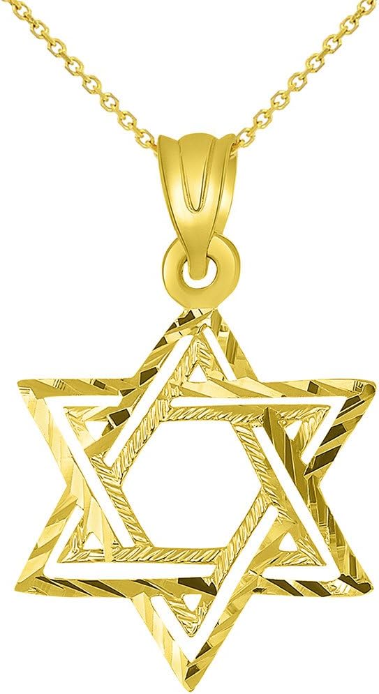 Solid 14K Yellow Gold Textured Hebrew Star of David Pendant Necklace