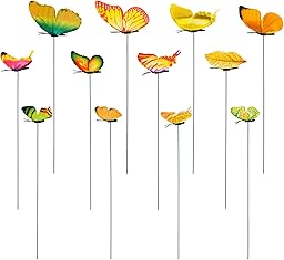 Penitue 12pcs Décoratifs Papillons Tuteurs pour Plantes, 25cm Réalistes Tuteurs Jardin PVC Imperméable Décorations Pot Fleur pour Jardin Pelouse Patio Intérieur Extérieur Cour Planteur Décor (Jaune)