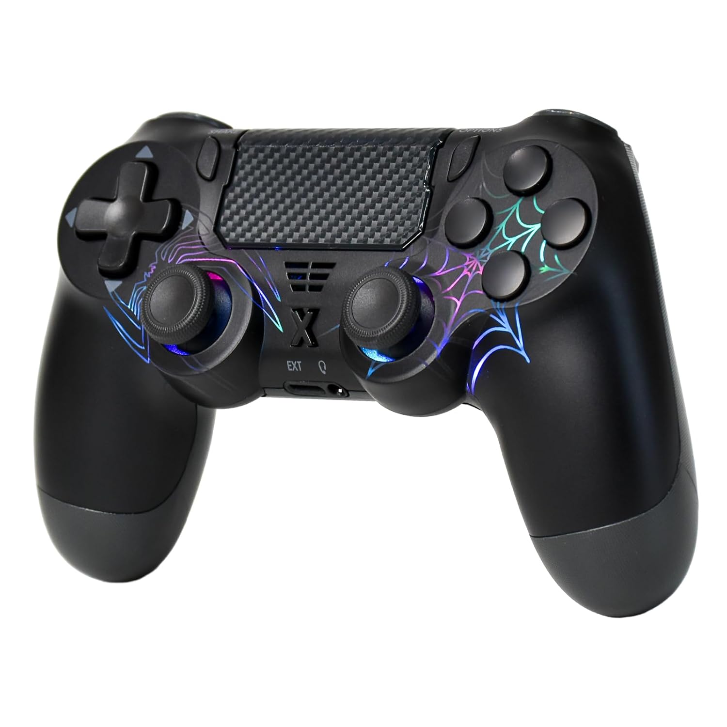 mone Wireless Controller for PS4/PC, Black Spider Design, Hall Effect Joystick, RGB Lighting, Dual Vibration, 6-Axis Gyro, Touchpad, Type-C Charging, 3.5mm Headphone Jack