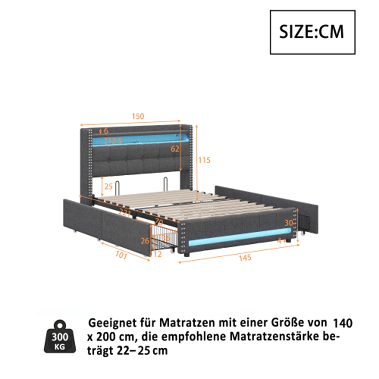 Letto imbottito con illuminazione a LED e presa USB letto matrimoniale testiera con ripiani e contenitore letto tessuto di lino per adulti familiare letti per ospiti grigio con cassetto 140x200