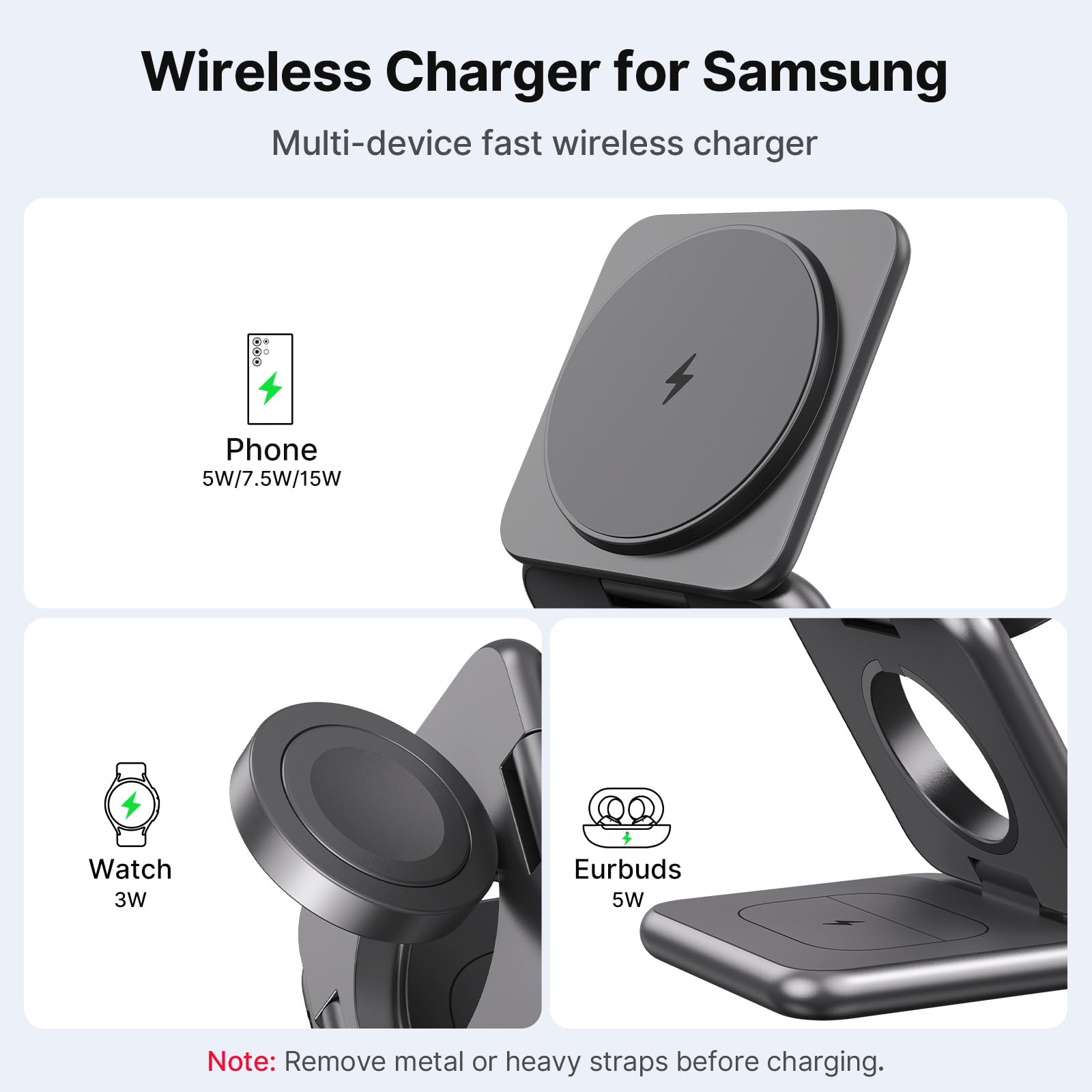 KU XIU Caricabatterie wireless per Samsung, stazione di ricarica wireless pieghevole 3 in 1 per Samsung Galaxy S26 S25 Ultra S24 S23 Note Z Fold 7 Flip/Buds, caricabatterie rapido per Galaxy Watch