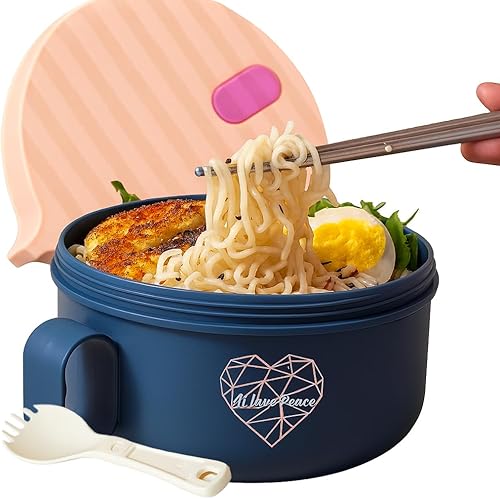 AI LOVE PEACE Juego de tazones de ramen para microondas, 40 onzas, sin BPA, con mango resistente al calor, tazón portátil para fideos, regalo de