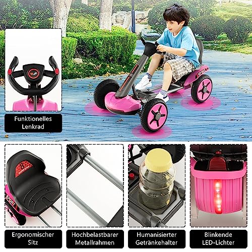 COSTWAY 12V Kinder Elektro Gokart mit LED Lichter, Go Kart mit 2-Fach verstellbarem Lenkrad & Sitz, Tretauto mit Getränkehalter, EIN-Knopf-Start, für Kinder ab 2 Jahre alt (Rosa) – Bild 5