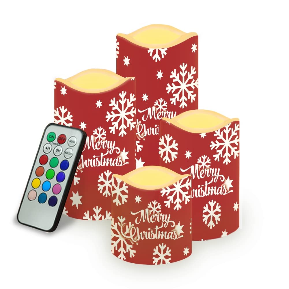Kuiaobaty Christmas Battery Operated Candles with Flickering Flame 4 Pack Flameless Tealights Home Decor Table Candles Xmas Snowflakes