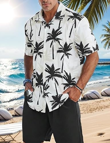 Yimoon Men\'s Summer 2 Piece Outfits Tropical Print Short Sleeve Button Down Hawaiian Beach Shirt and Shorts Set(01White-L) - Thumbnail 2