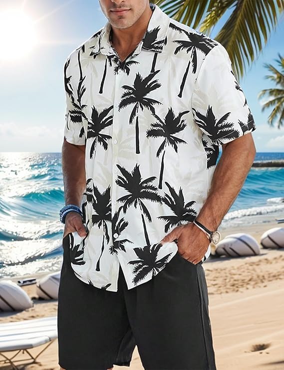 Yimoon Men's Summer 2 Piece Outfits Tropical Print Short Sleeve Button Down Hawaiian Beach Shirt and Shorts Set2