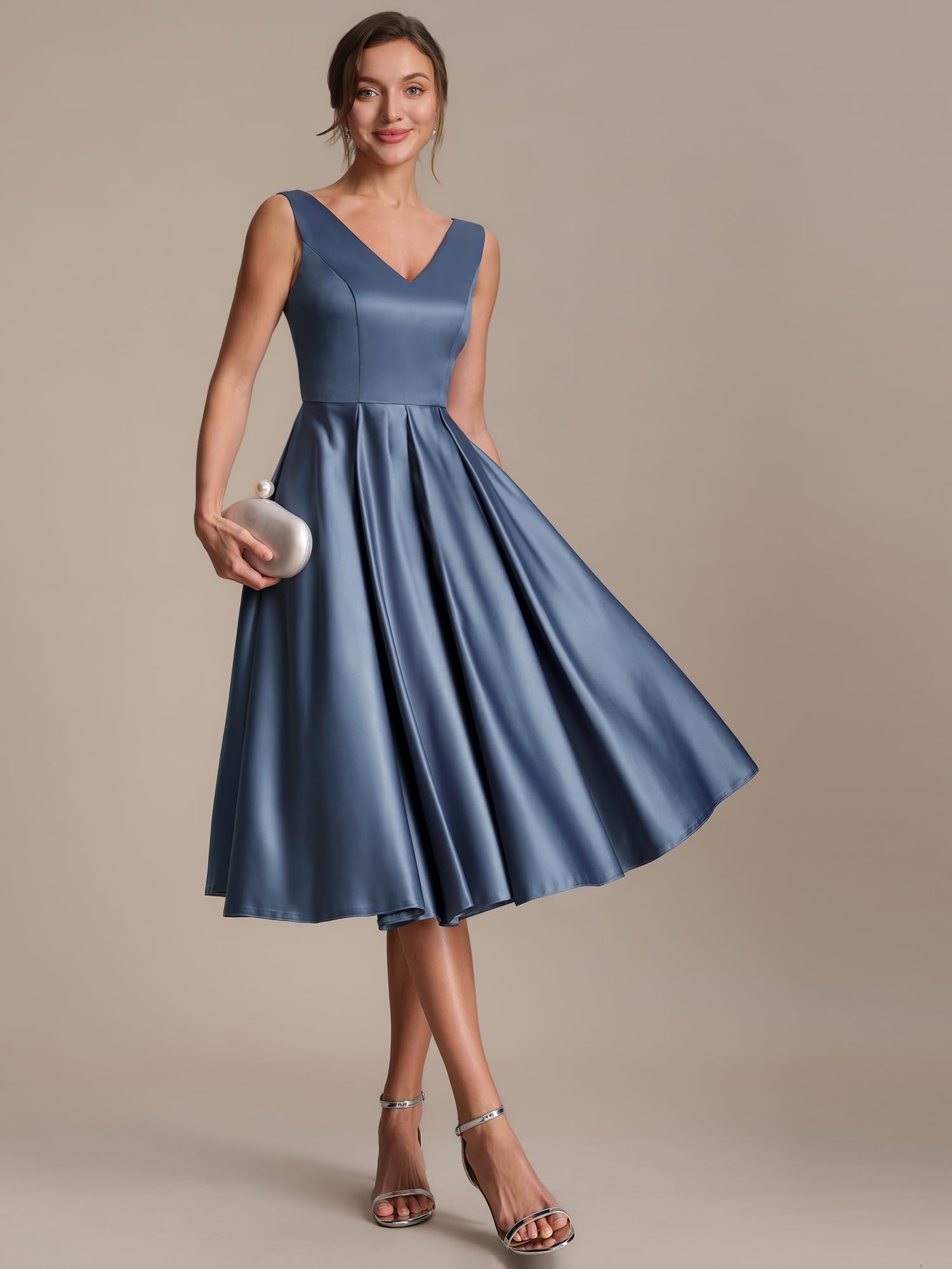 Ever-Pretty Vestito Donna Elegante Collo a V Senzamaniche Satin Midi Gonna a Ruota EG02774