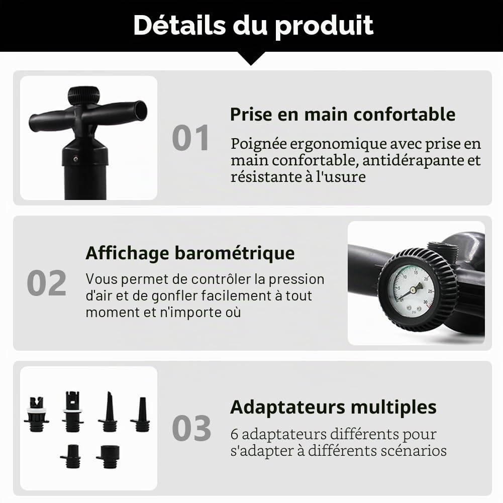 Pompe manuelle double action, pompe à main pour SUP max 1,8 bar (26 psi), pompe à air manuelle avec manomètre, super pompe haute pression avec 6 buses pour lits gonflables, kayaks, tente gonflable