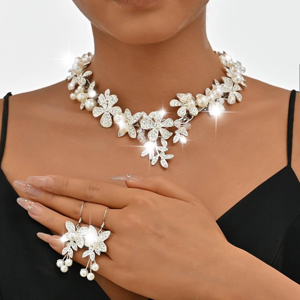 Unicra Crystal Flower Bridal Wedding Jewelry Set Rhinestone Necklace Earrings Sets Pearl Formal Costume Jewelry for Women and Brides - Image 3