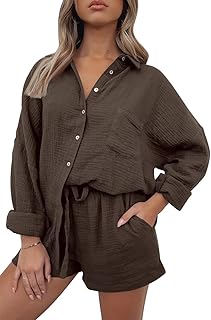 AUTOMET 2 Piece Outfits for Women Lounge Sets Pajama Sets Long Sleeve Button Down Oversized Shirts and Shorts Fall Tracksuit