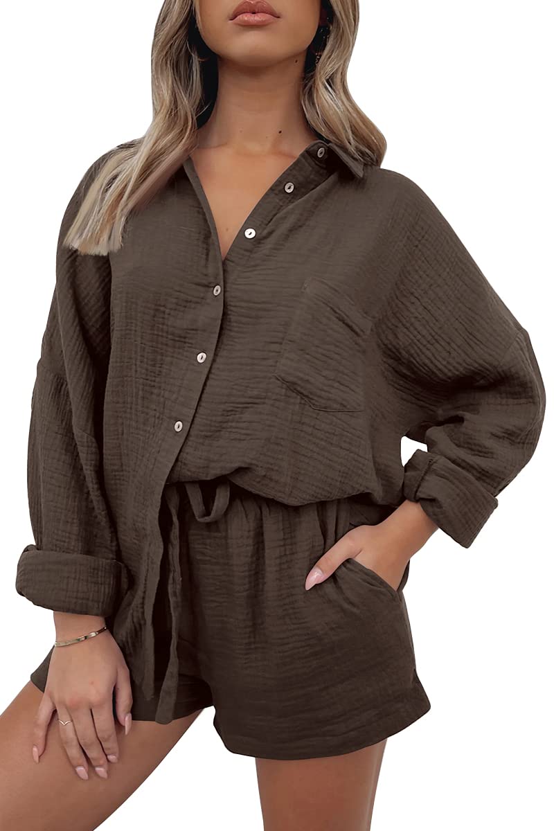 AUTOMET 2 Piece Sets For Women Lounge Wear Matching Two Piece Pajama Fashion Oversized Shirts And Shorts Spring