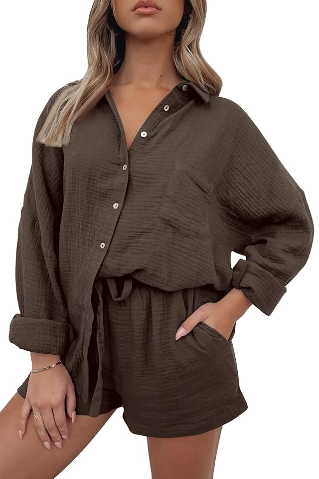 AUTOMET 2 Piece Sets For Women Lounge Wear Matching Two Piece Pajama Fashion Oversized Shirts And Shorts Spring