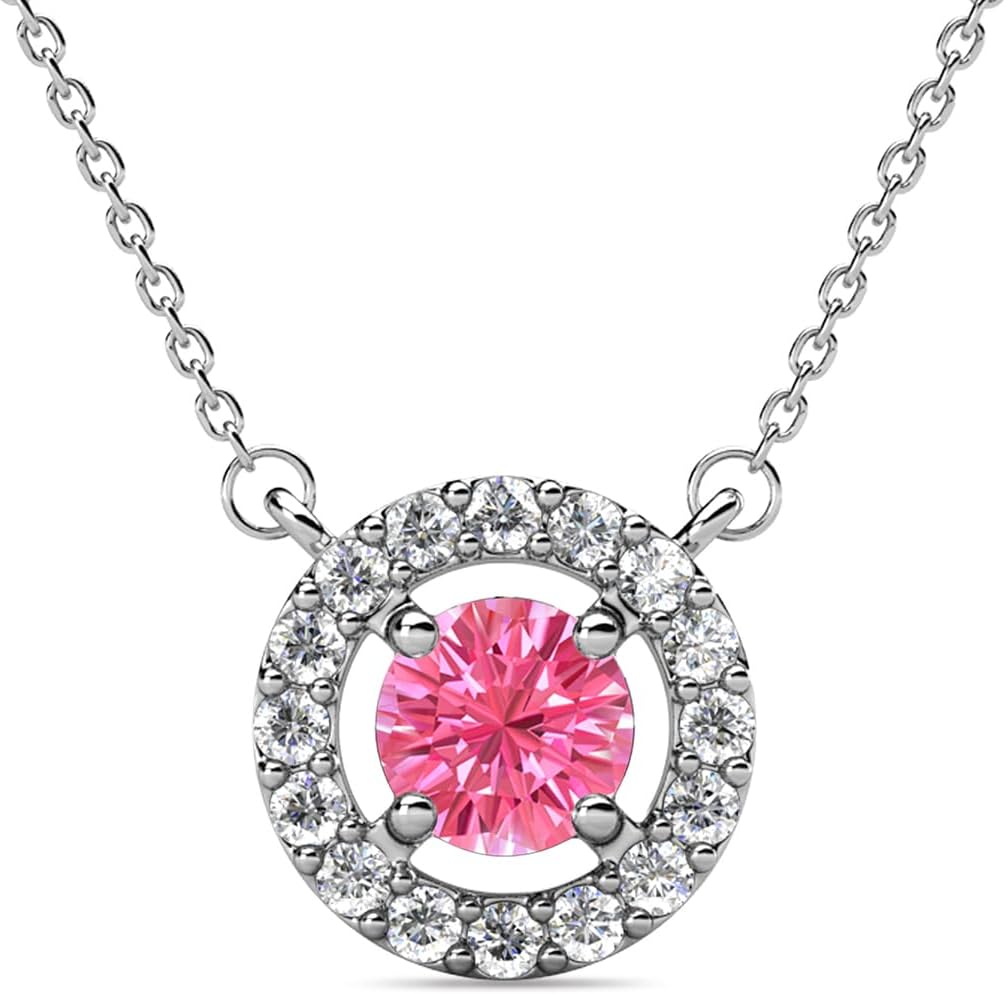 Cate & Chloe Royal 18k White Gold Plated Birthstone Necklace for Women, Silver Round Cut Halo Crystal Necklace with SImluated Diamond Crystals, Jewelry for Women