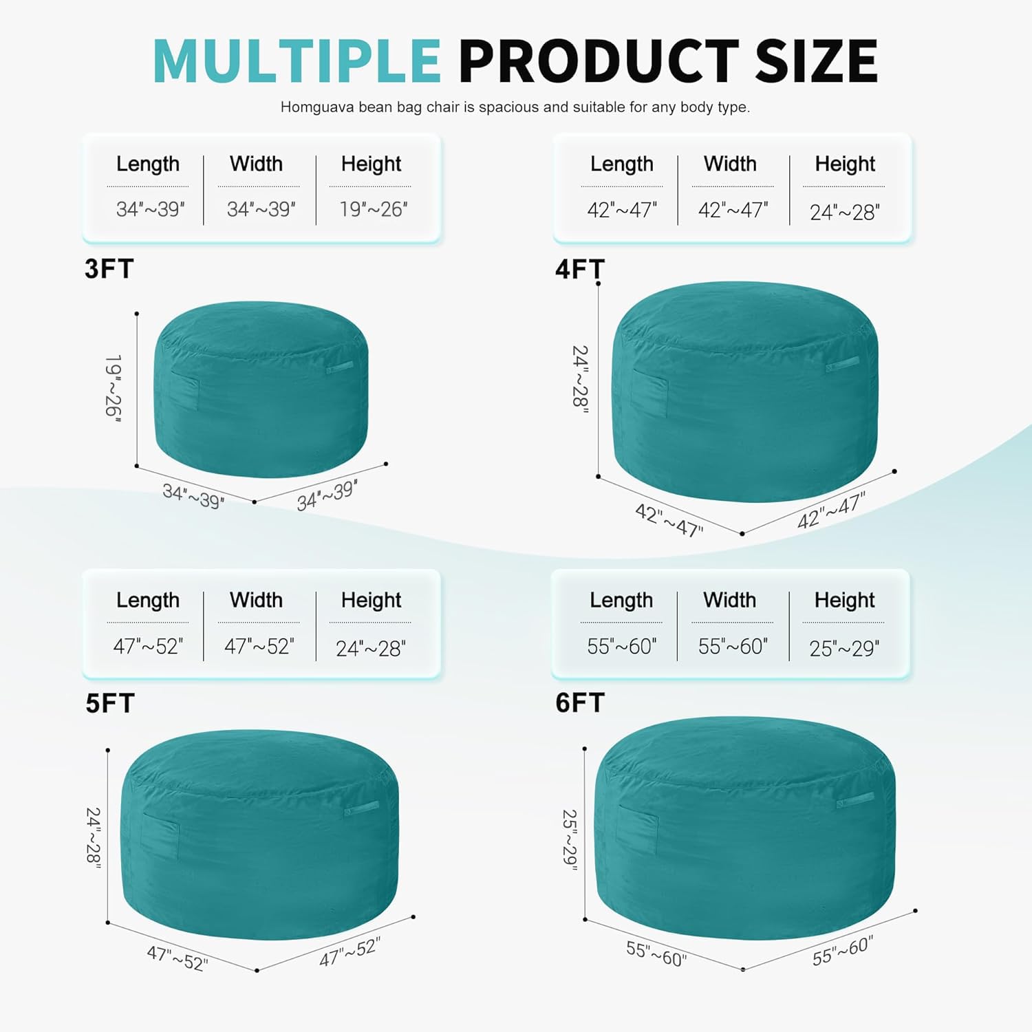 Homguava 5 FT Bean Bag Chair: 5' Bean Bags with Memory Foam Filled, Large Beanbag Chairs Soft Sofa with Dutch Velvet Cover-Purple