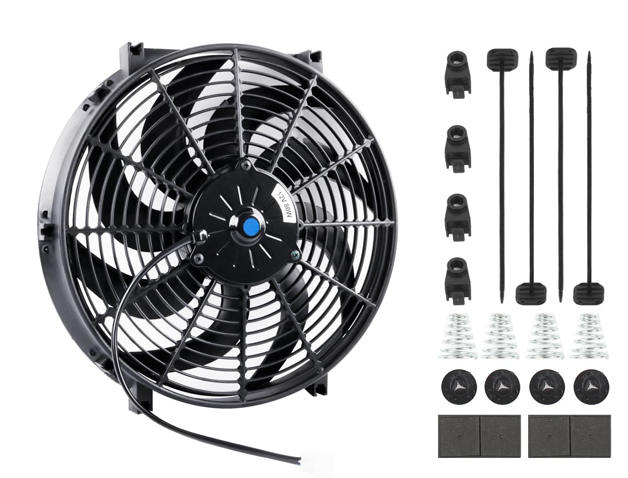 OHOB-COOL 14 Inch Universal Automotive Electric Radiator Fan Cooling Slim Fans 17V Pull Wide S-Curved Blade DC+ Mounting Kit