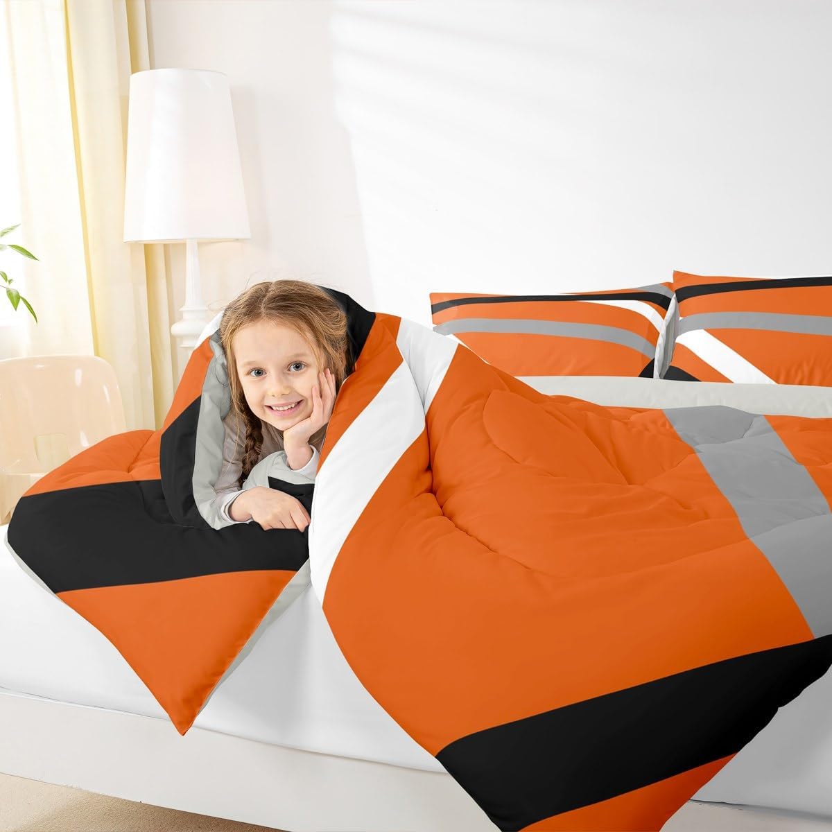 Erosebridal Orange Gray Black Striped Queen Comforter Set for Adult Women Men Modern Abstract Bedding Set Geometric Lines Bed Set Aesthetic Boho Quilt Set - Image 6