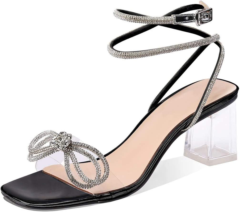 XINIUNIU Clear Bow Heels for Women Rhinestone Heeled Sandals Strap Transparent Crystal Square Toe Block Chunky Heels 2.5 Inch Dress Wedding Shoes