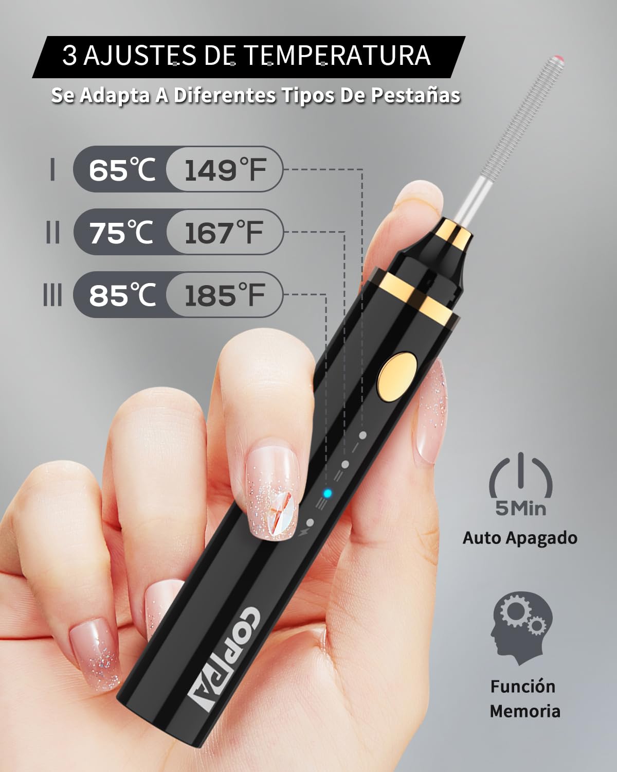 COPPA Rizador Pestañas Calentado, LP-1 LP-1 Lipstick Tipo Rizador de Pestañas Eléctrico 3 en 1 con 3 Cabezales 3 Modos de Curling y 3 Temp & 5s Calentamiento para Principiantes y Makeup Pros, Negro