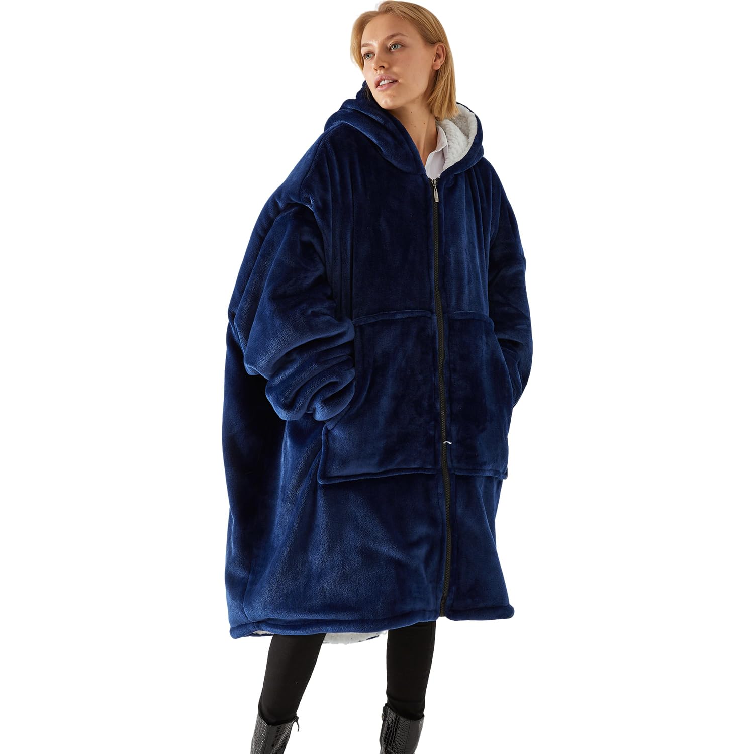 Pahajim Bluza z kapturem, koc z rękawami, przenośny koc z kapturem, oversize, z zamkiem błyskawicznym, ciepły, miękki, flanelowy, dla nastolatków, mężczyzn i kobiet, 90 x 130 cm