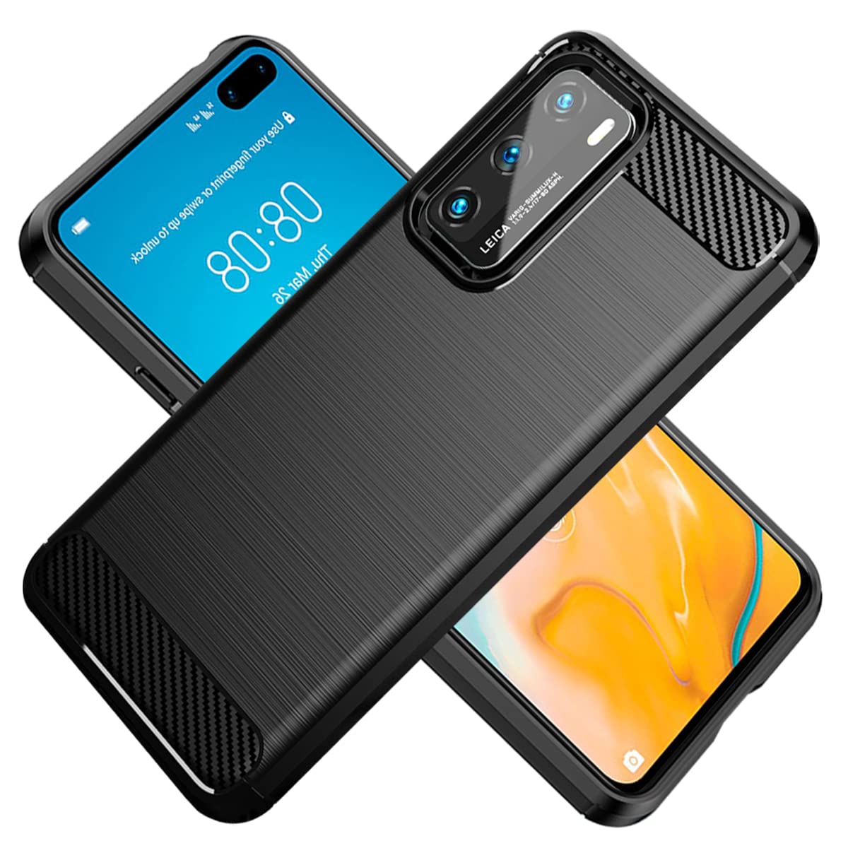KOARWVC Phone Case for Huawei P40 Case, Huawei P 40 ANA-NX9, ANA-LX4 Case Carbon Fiber Shockproof Rugged Shield Anti-Scratch Soft TPU Back Cover Protective Cases for Huawei P40 (Black)