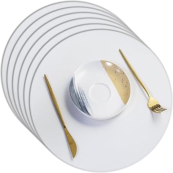 Round Placemats Set 15 Inch Faux Leather Table Mats for Kitchen Tables Washable Non-Slip Place Mats for Kitchen Dining Table Color White, Size Set of 6