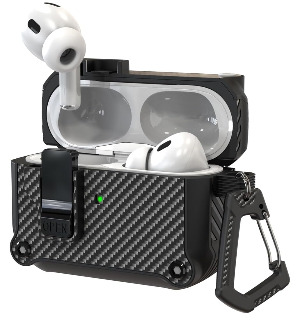 Sounce Tough Case Compatible with Airpods Pro 2 Case Cover with Carabiner, Rugged Protective Cover for Airpods Pro 2nd Generation Case Cover Shock Armor Series [Front LED Visible](Black)