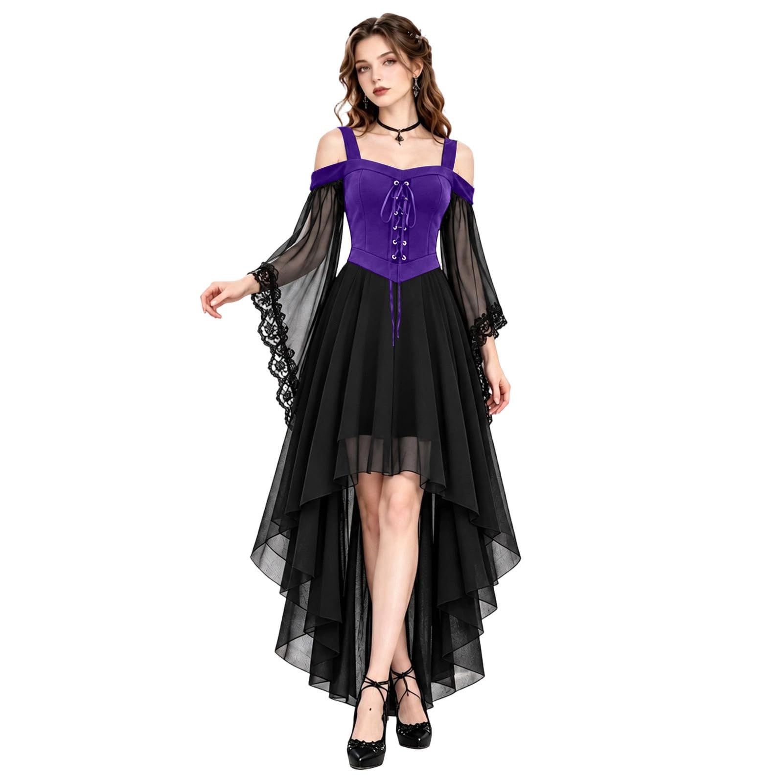 Halloween Costumes for Women Women's Butterfly Sleeve Sexy Lace Gothic Dresses Chiffon Off Shoulder Halloween Sleeve Witch Gothic Vintage Victorian Maxi Dresses Party Cosplay Outfits Purple