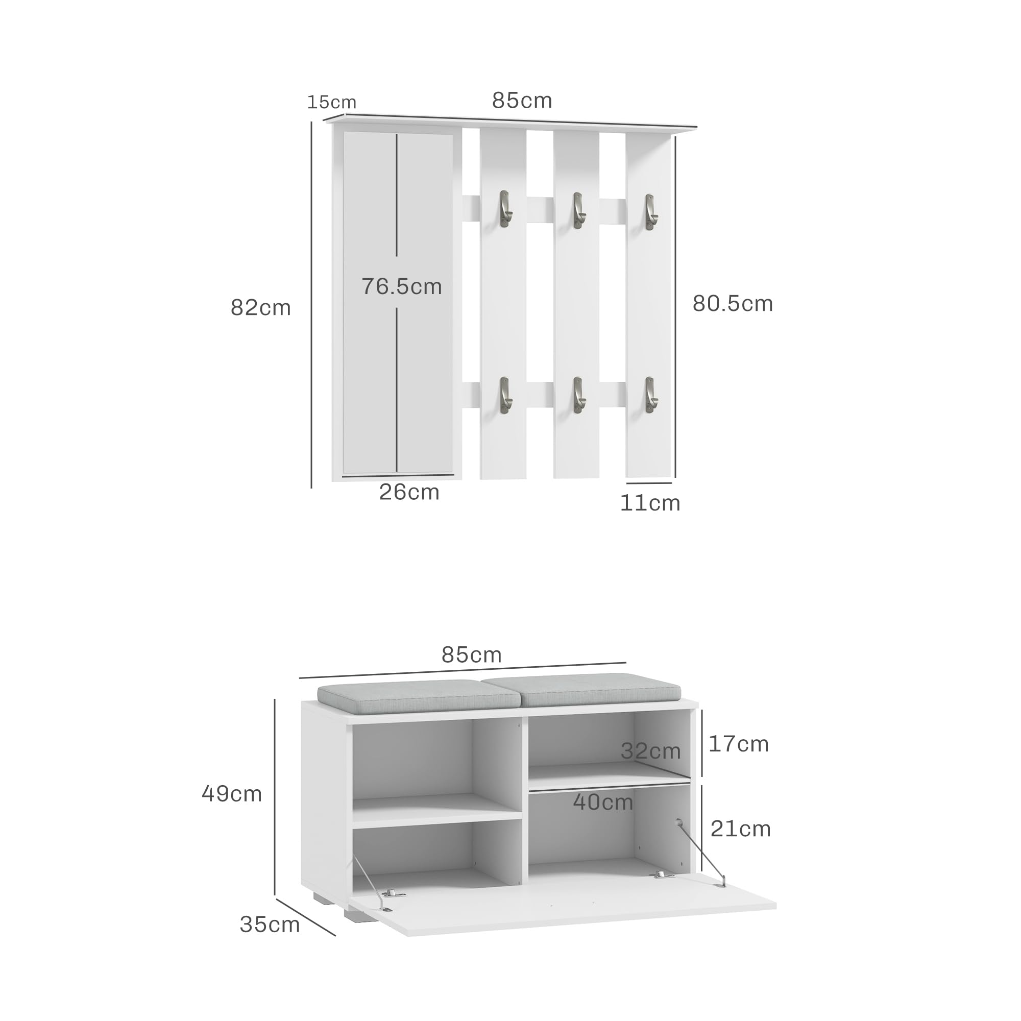 HOMCOM Set 4 in 1 Mobili da Ingresso con Appendiabiti, Specchio, Panca con Cuscini e Scarpiera per 8 Paia di Scarpe, Bianco