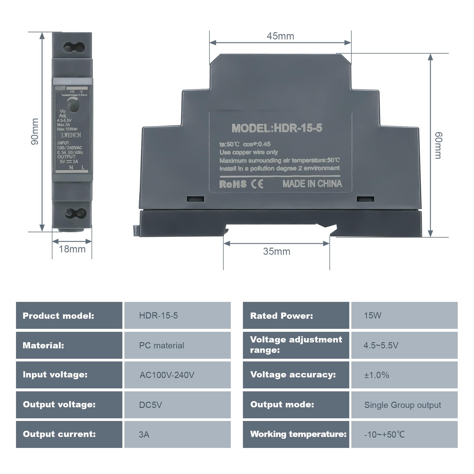 Kssvzz Alimentatore su Guida DIN 5V DC 3A 15 W, Ingresso 100-240V AC 50/60 Hz Trasformatore su Guida DIN per Automazione Domestica o Industriale