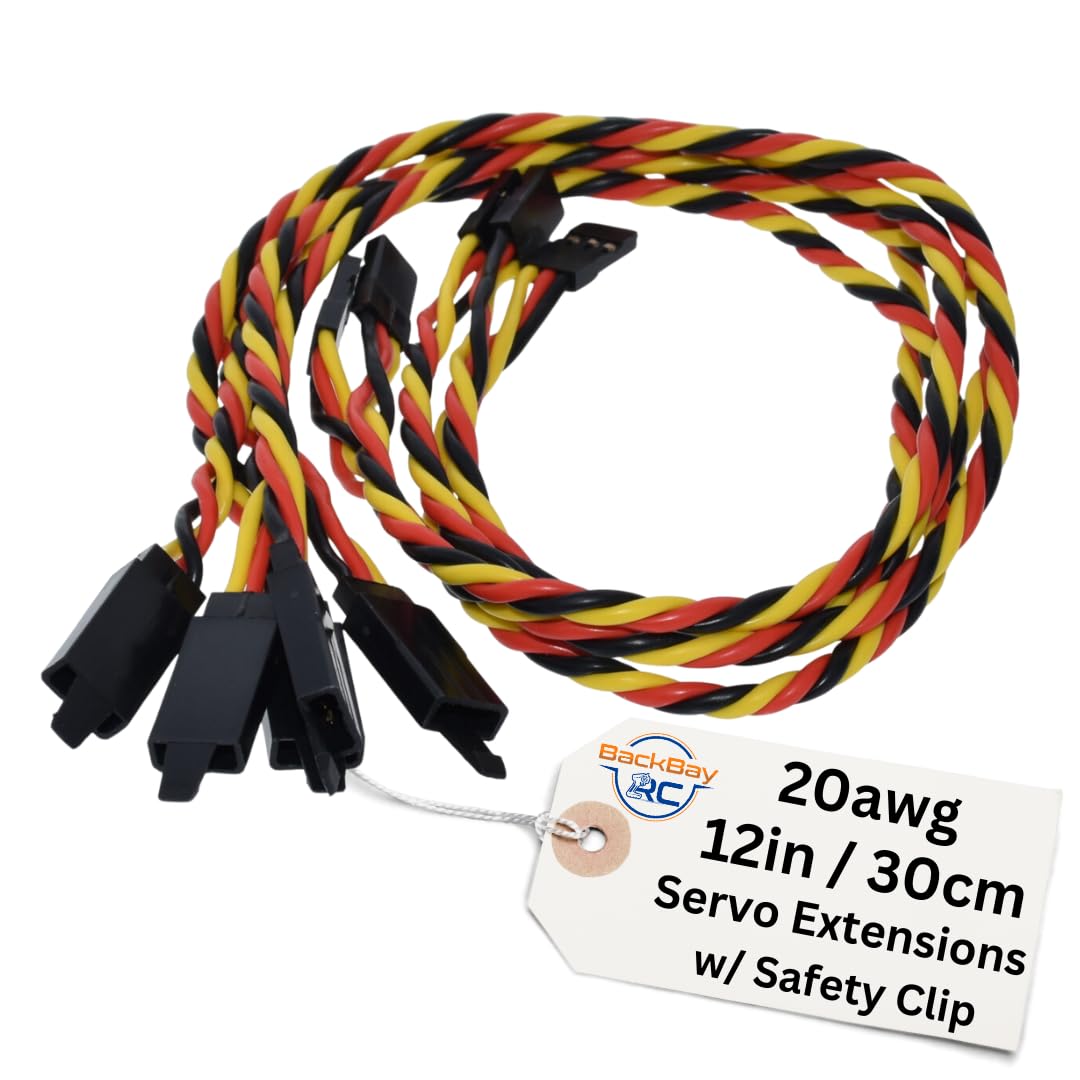 BackBayRC - 20awg Twisted Servo Extension Cable w/Safety Clip - 100 Strands for RC Vehicles, Drones, E-Bikes - 8 Lengths / 5 Wires per Pack (30CM / 12in)