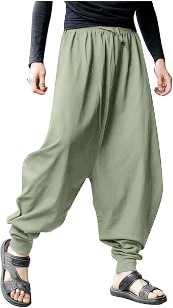 Mens Baggy Harem Pants Cotton Linen Solid Yoga Beach Pants Casual Loose Elastic Waist Comfy Drop Hippie Trouser
