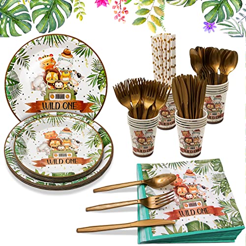 SHEBYOKE 160 Stück Wild One Geburtstag Deko Partygeschirr Pappteller Set für 20 Gäste,Dschungel Safari Wiederverwendbar Papier Geschirr Set,für Kindergeburtstag Jubiläums Cover
