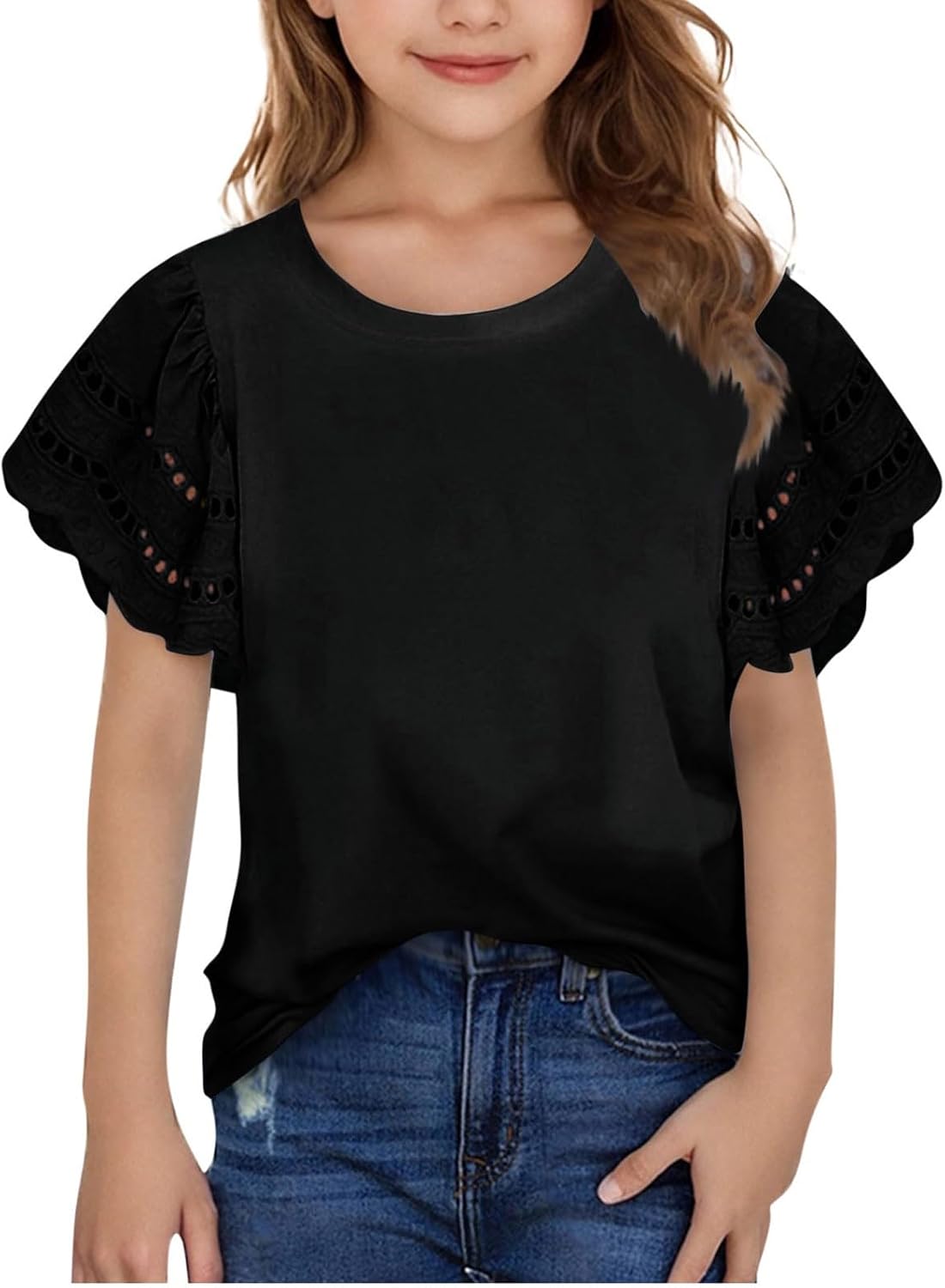 3-14T Girls T-Shirts Tops Summer Fashion Solid Hollow Out Ruffles Short Sleeves Crewneck Loose Comfy Tees Shirts