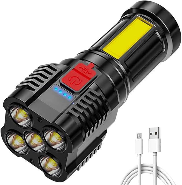 AZURAOKEY LED Flashlight Torch Rechargeable COB Spotlight Lantern Work Light Handheld Searchlight Waterproof and 4 Modes Portable Emergency Torches Lamp for Hiking Fishing Camping, Black