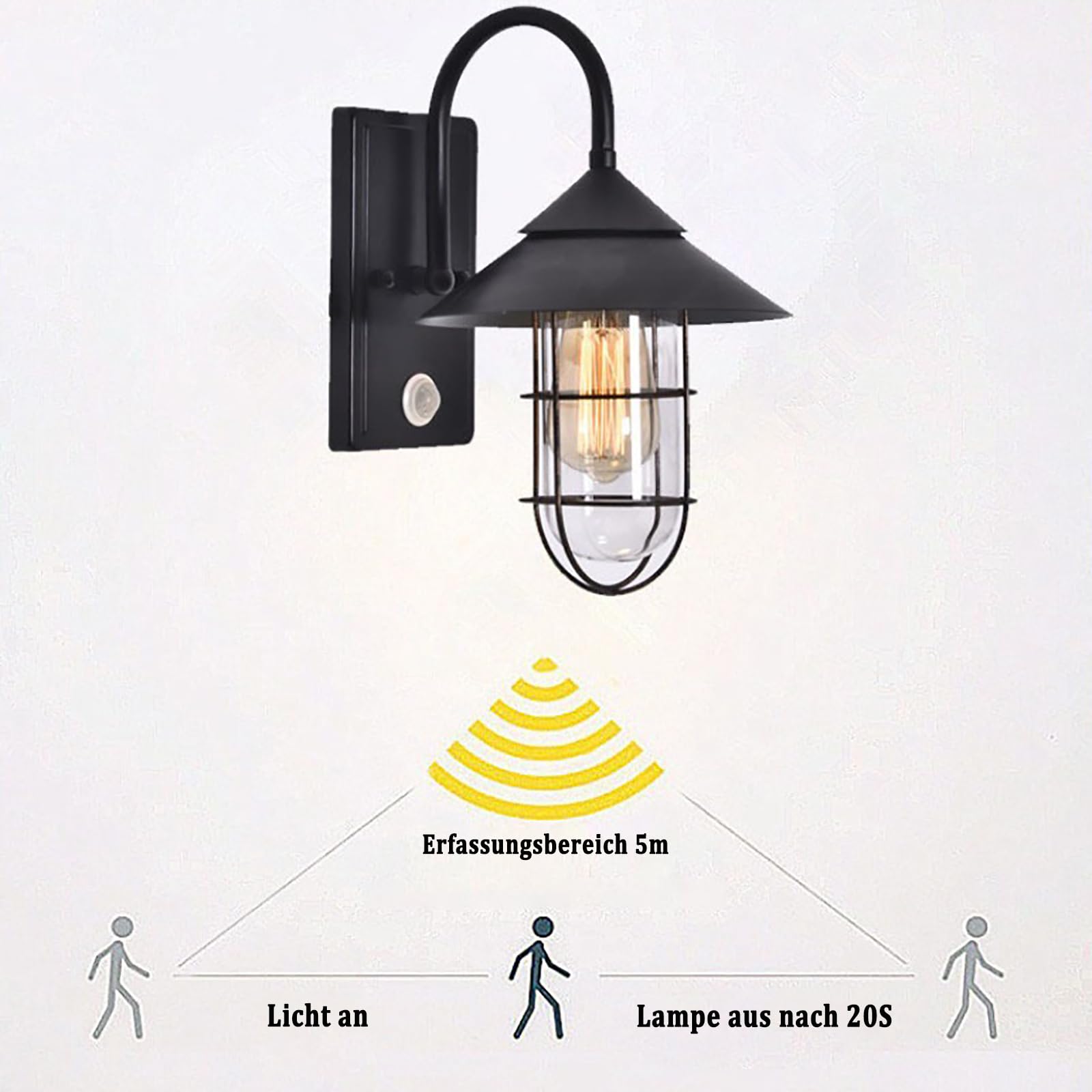 Außenlampe mit Bewegungsmelder, Vintage Wandleuchte E27, IP54 | Schwarze Metall-Außenleuchte mit Glasschirm und E27-Fassung für Hauswand, Eingang, Terrasse Ohne Leuchtmittel max. 60 W