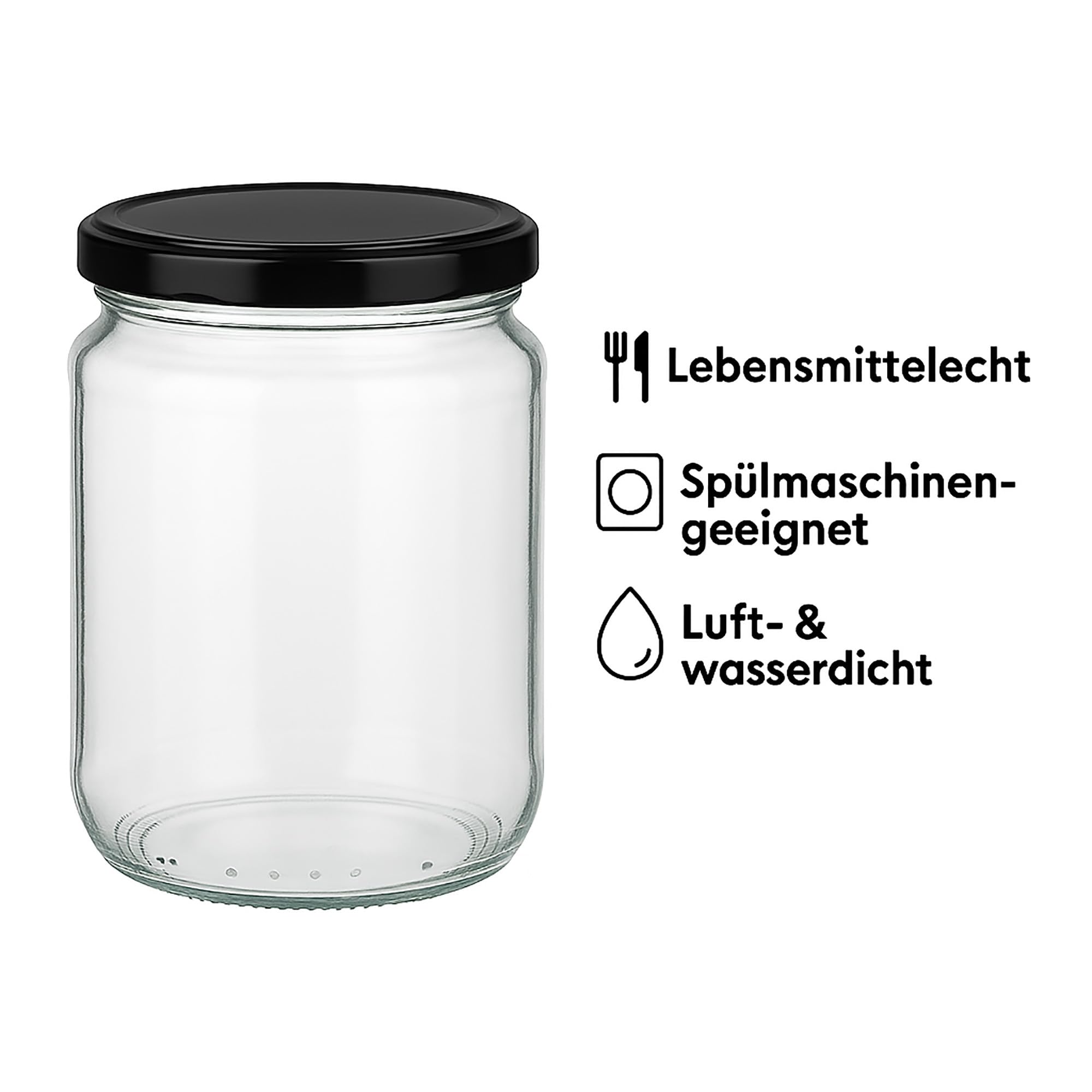 6er Set Einmachgläser 375 ml mit Twist-Off Deckel Ø 63 mm – Dickwandige, luftdichte Dessertgläser, spülmaschinenfest, ideal für Marmelade & Eingemachtes - Schwarz