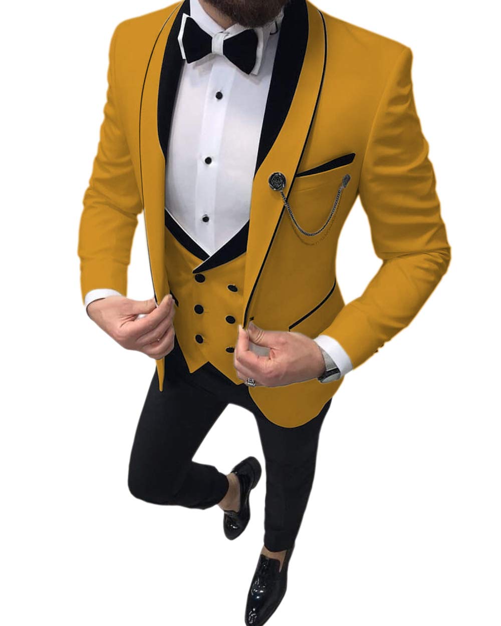 Aesido Men's Casual Suits Slim Fit 3 Piece Prom Tuxedos Shawl Lapel Double Breasted Vest Blazer Pants Grooms Wedding Party