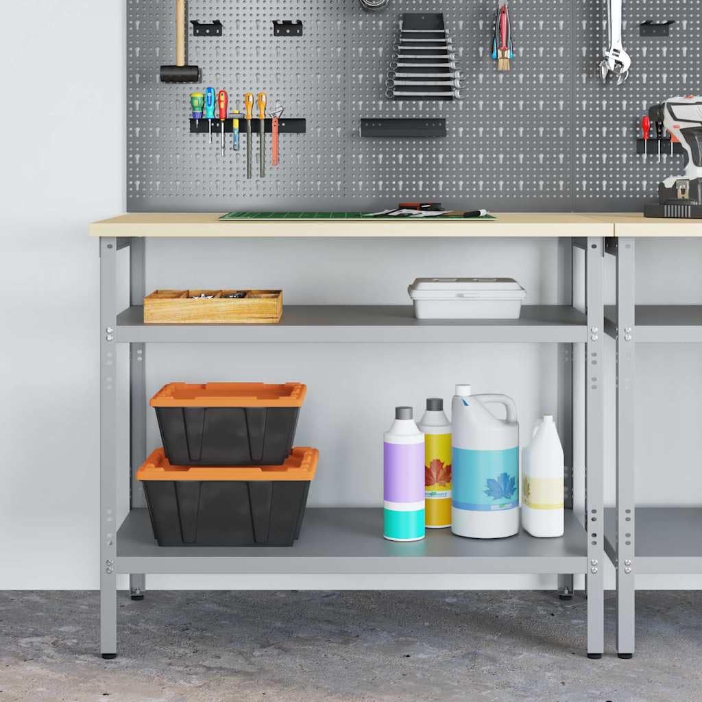 Mesa de trabajo gris 100 x 55 x 85 cm de acero con recubrimiento en polvo, banco de trabajo con 2 estantes metálicos, patas ajustables en altura, para taller, garaje, sótano y sala de ocio